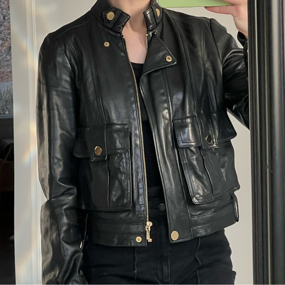 Tory Burch leather biker jacket w gold hardware details 100% cotton lining sz6